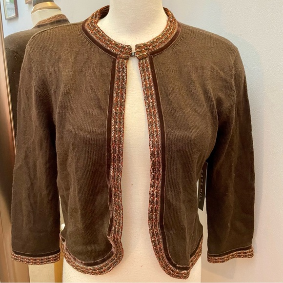NWT Kate Hill brown merino wool cardigan with hook front. Size large - Picture 6 of 9